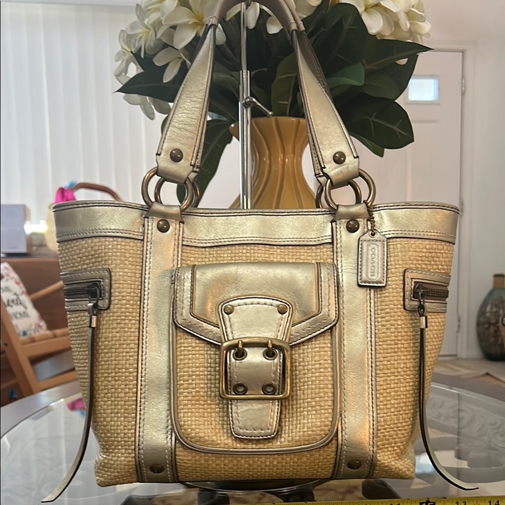 Coach legacy straw and leather tote 14”x9x7 gold & tan